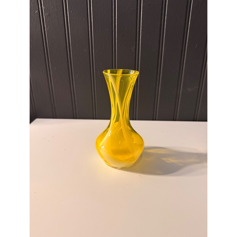 Hand blown yellow and white swirl bud vase